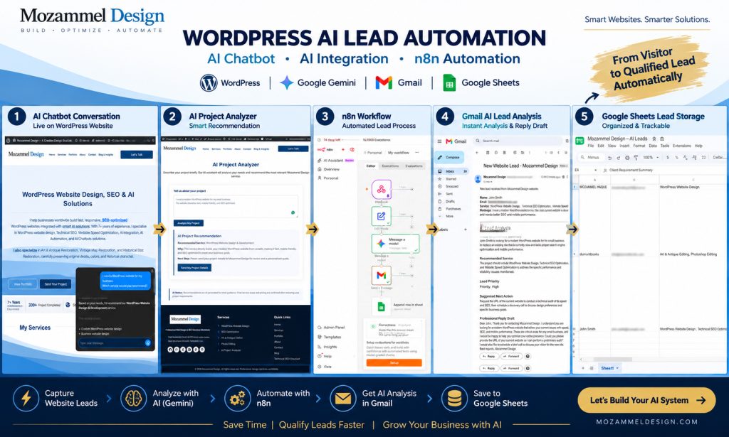 WordPress AI Lead Automation system by Mozammel Design using AI Chatbot, Google Gemini, n8n, Gmail and Google Sheets for lead management.